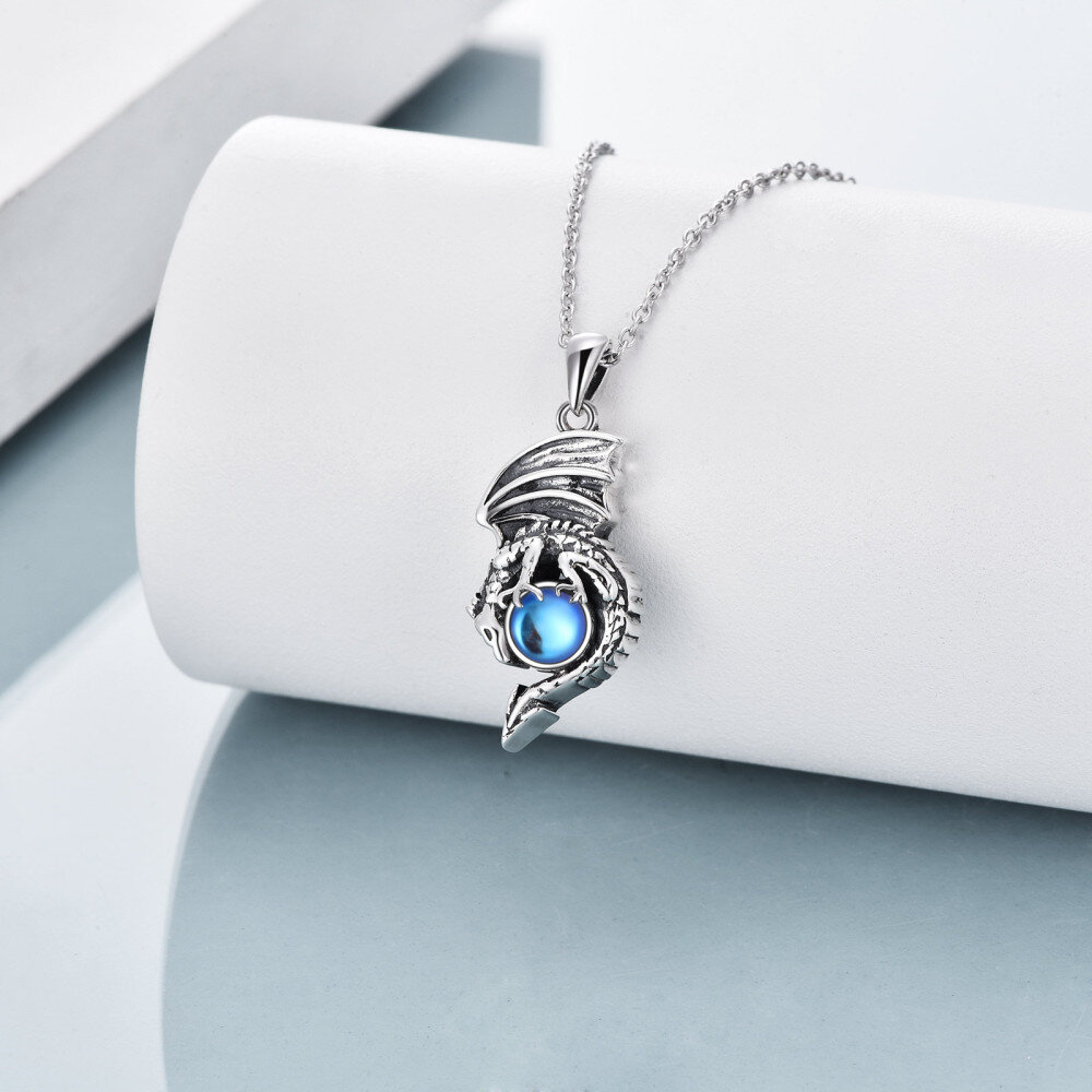 Sterling Silver Round Moonstone Dragon Urn Necklace for Ashes-4