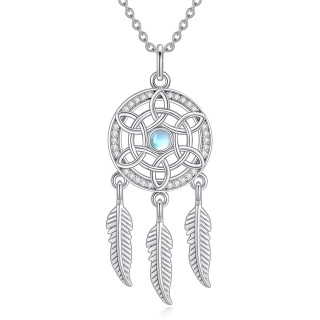 Sterling Silver Round Moonstone Dream Catcher Pendant Necklace-3