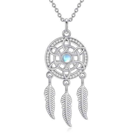 Sterling Silver Round Moonstone Dream Catcher Pendant Necklace