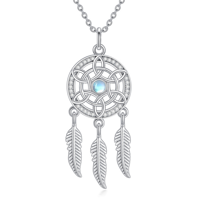 Sterling Silber Runde Mondstein Dream Catcher Anhänger Halskette-1