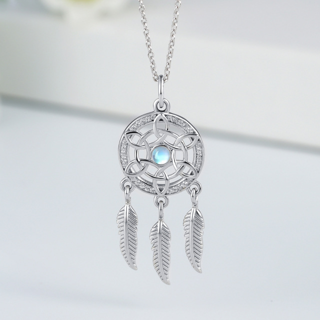 Sterling Silver Round Moonstone Dream Catcher Pendant Necklace-3