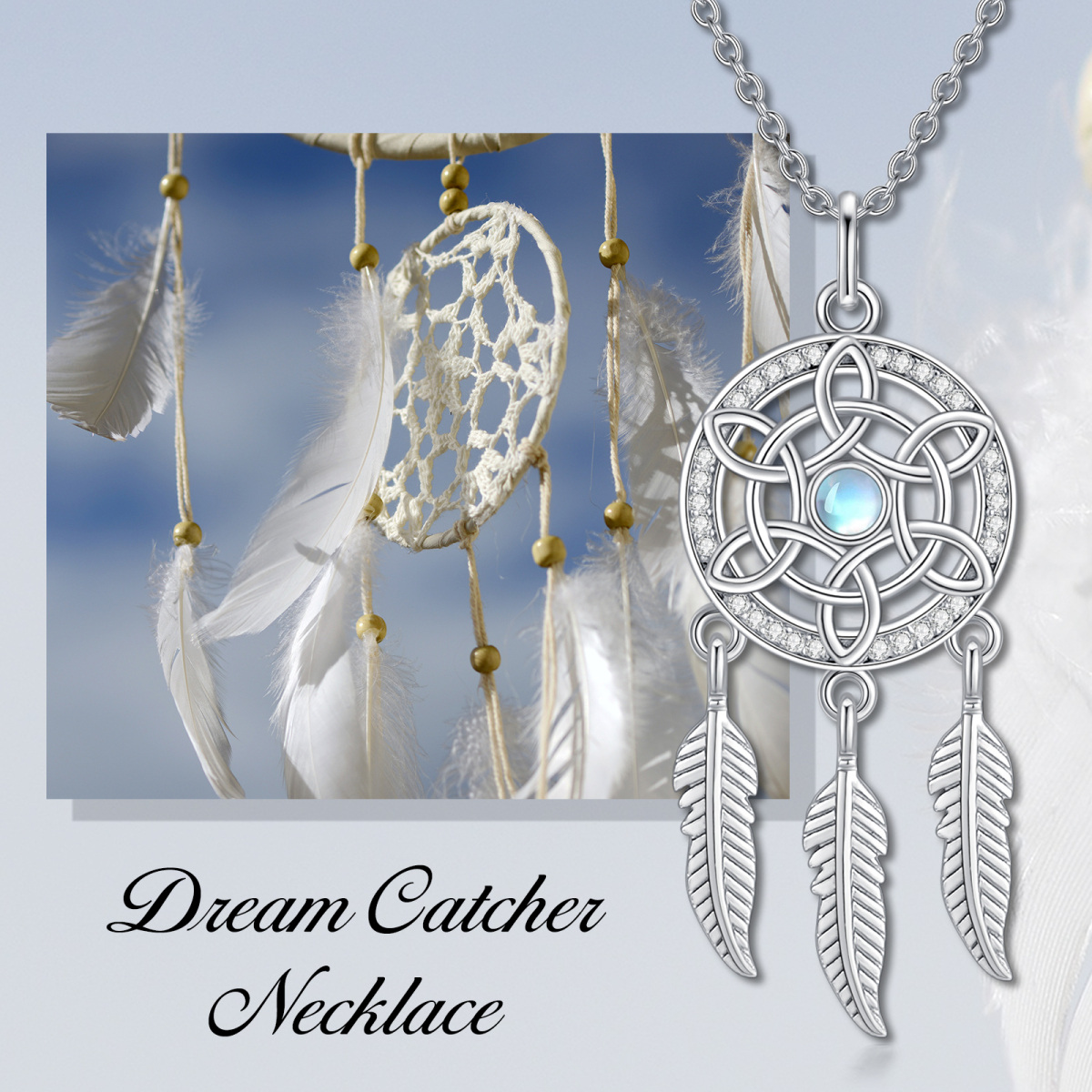 Sterling Silber Runde Mondstein Dream Catcher Anhänger Halskette-6