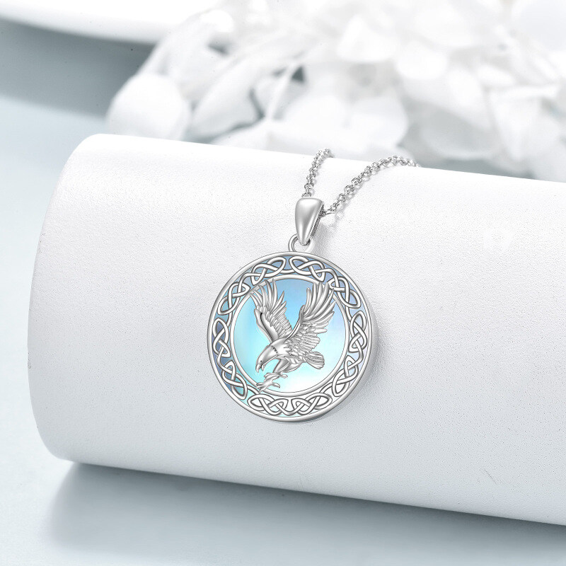 Sterling Silver Round Moonstone Eagle & Celtic Knot Pendant Necklace-3