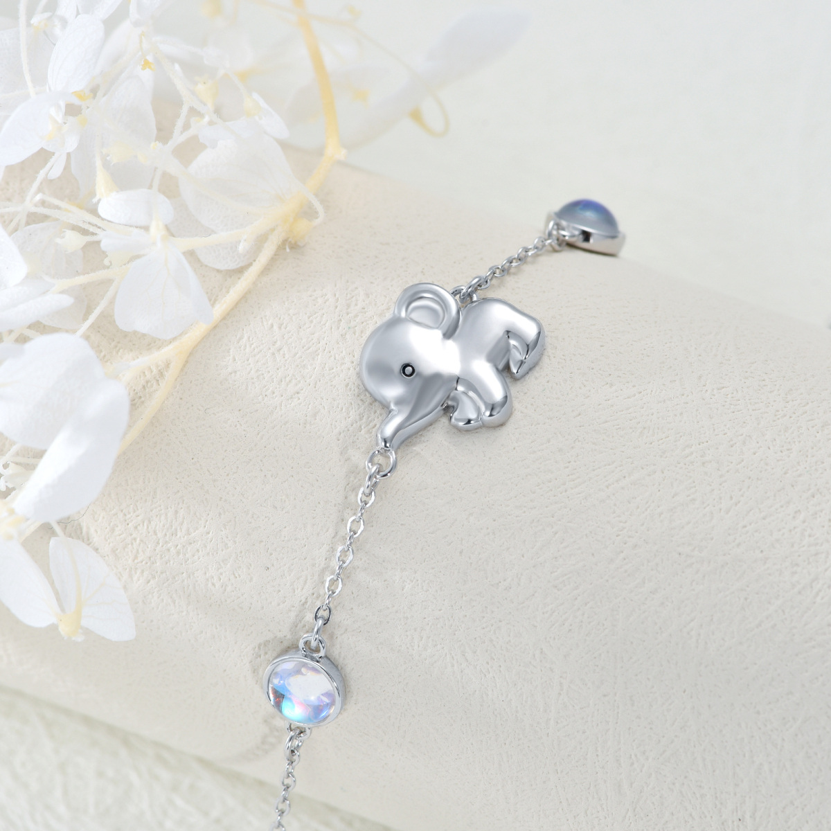 Sterling Silber Rund Mondstein Elefant Anhänger Armband-3