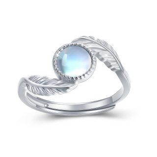 Sterling Silver Round Moonstone Feather Ring-23