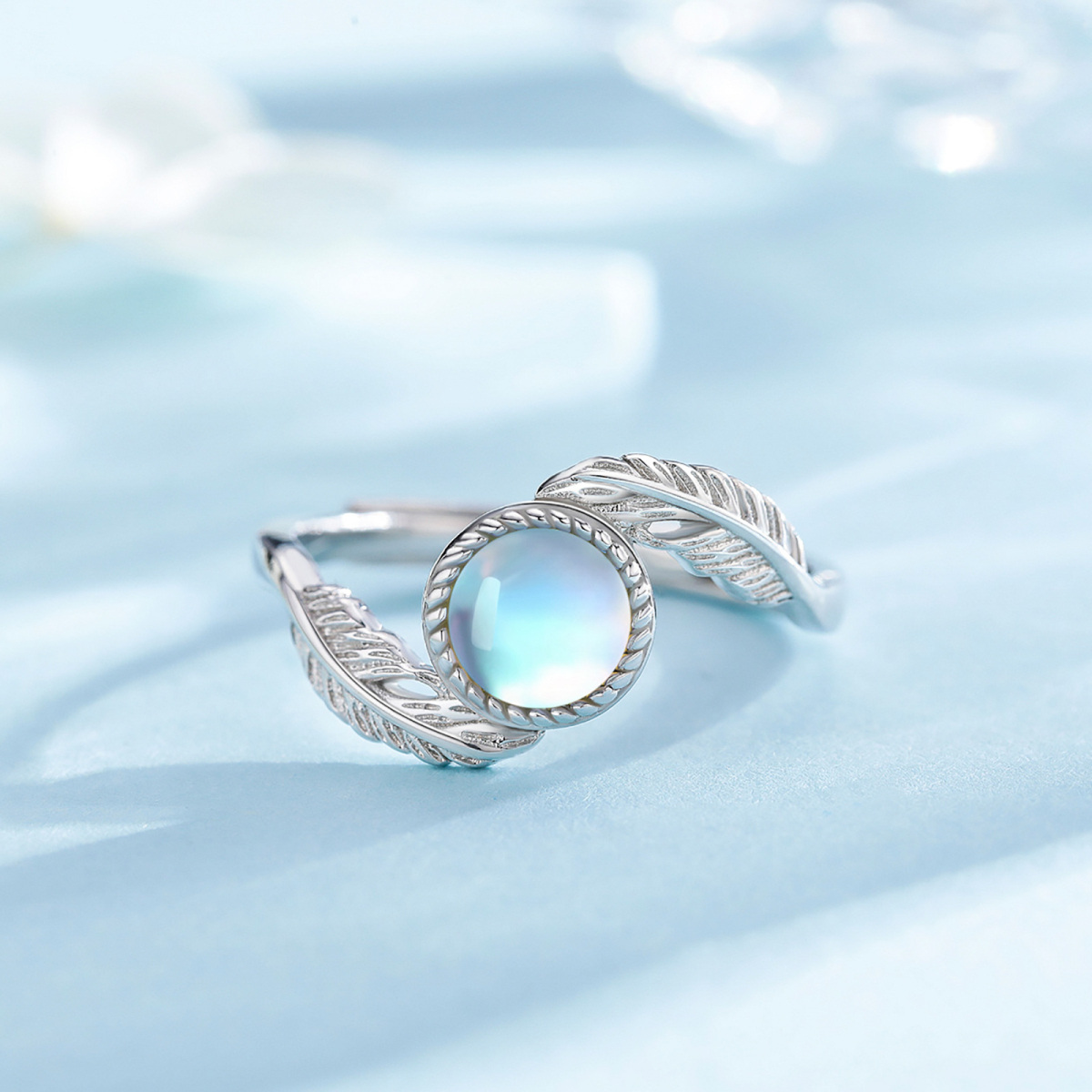 Sterling Silver Round Moonstone Feather Ring-3