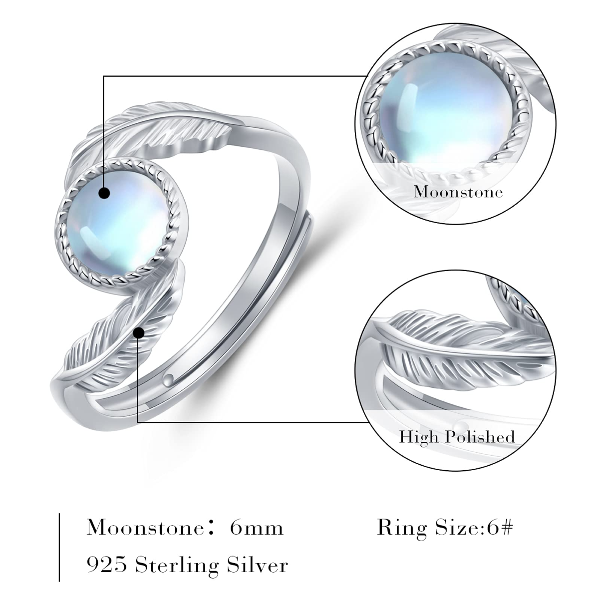 Sterling Silver Round Moonstone Feather Ring-4