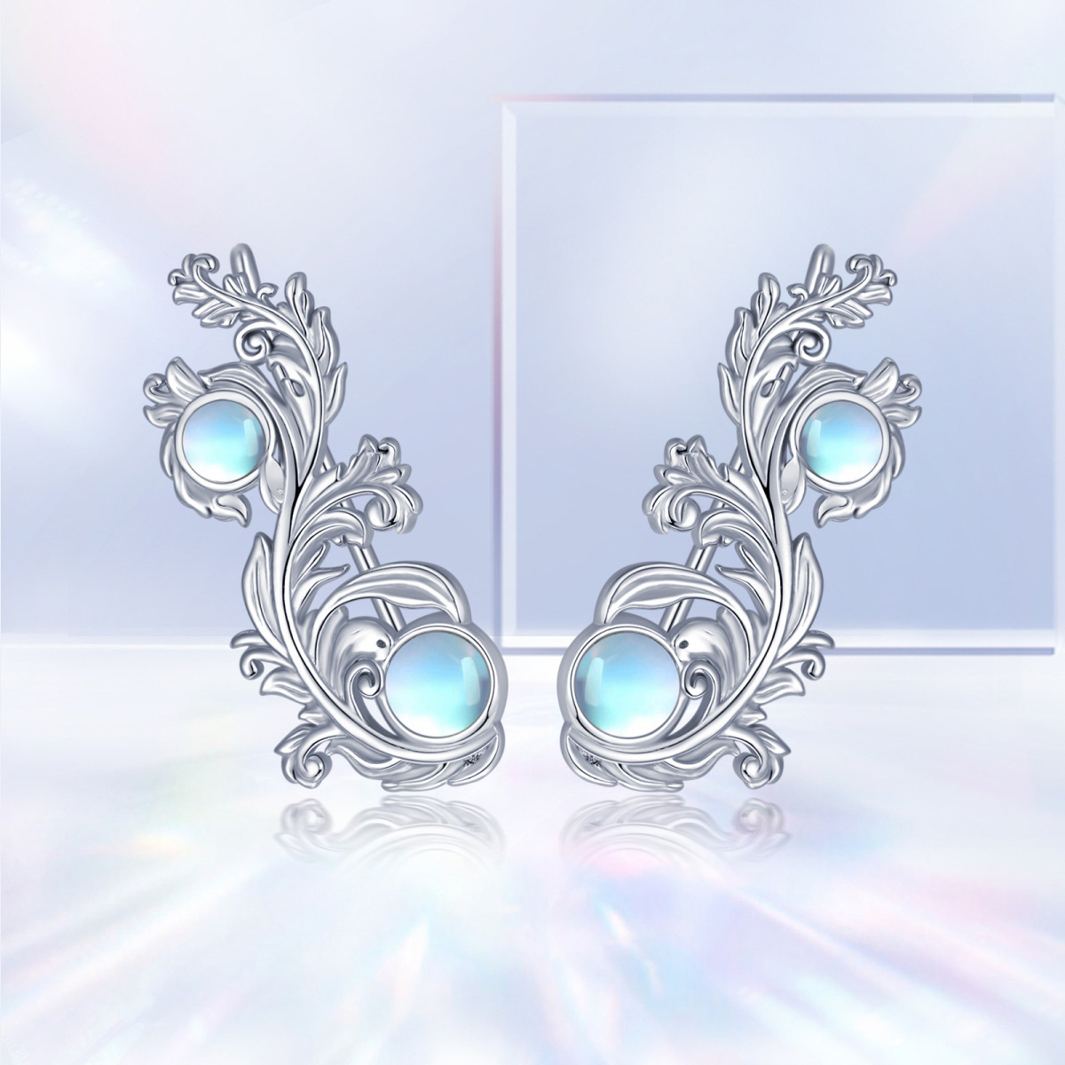 Sterling Silver Round Moonstone Filigree Climber Earrings-3