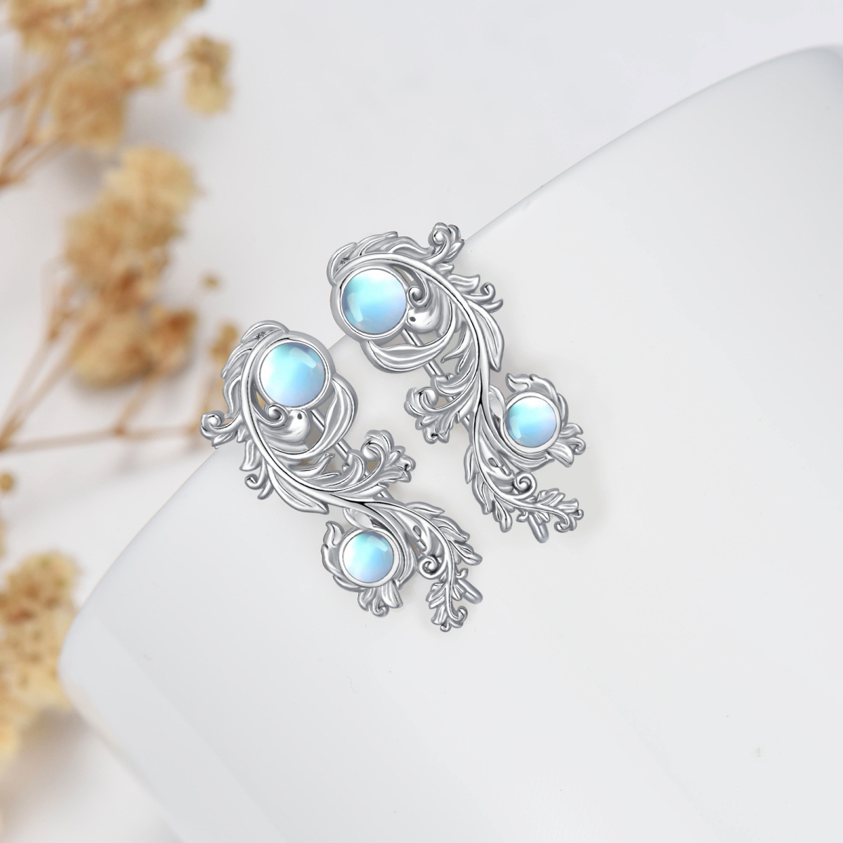 Sterling Silver Round Moonstone Filigree Climber Earrings-4