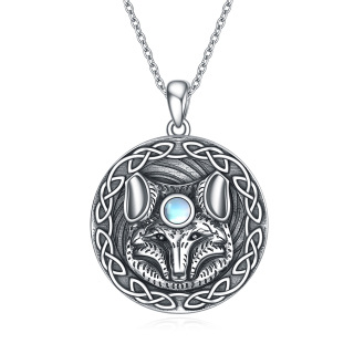 Sterling Silver Round Moonstone Fox Pendant Necklace-11