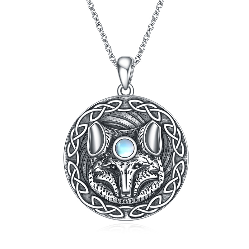 Sterling Silver Round Moonstone Fox Pendant Necklace-6