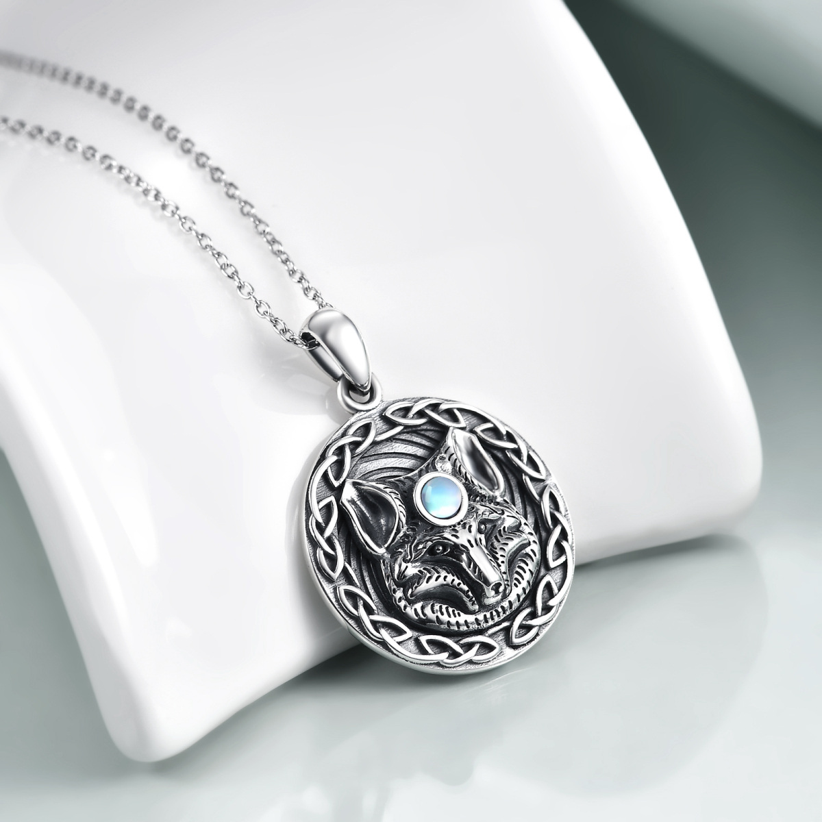 Collier en argent sterling avec pendentif renard en pierre de lune ronde-3