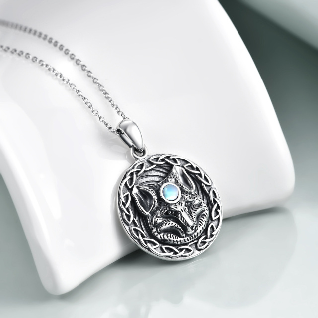 Sterling Silver Round Moonstone Fox Pendant Necklace-3