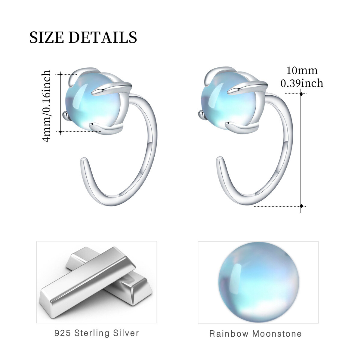 Sterling Silver Round Moonstone Half Hoop Earrings for Women Girls-5