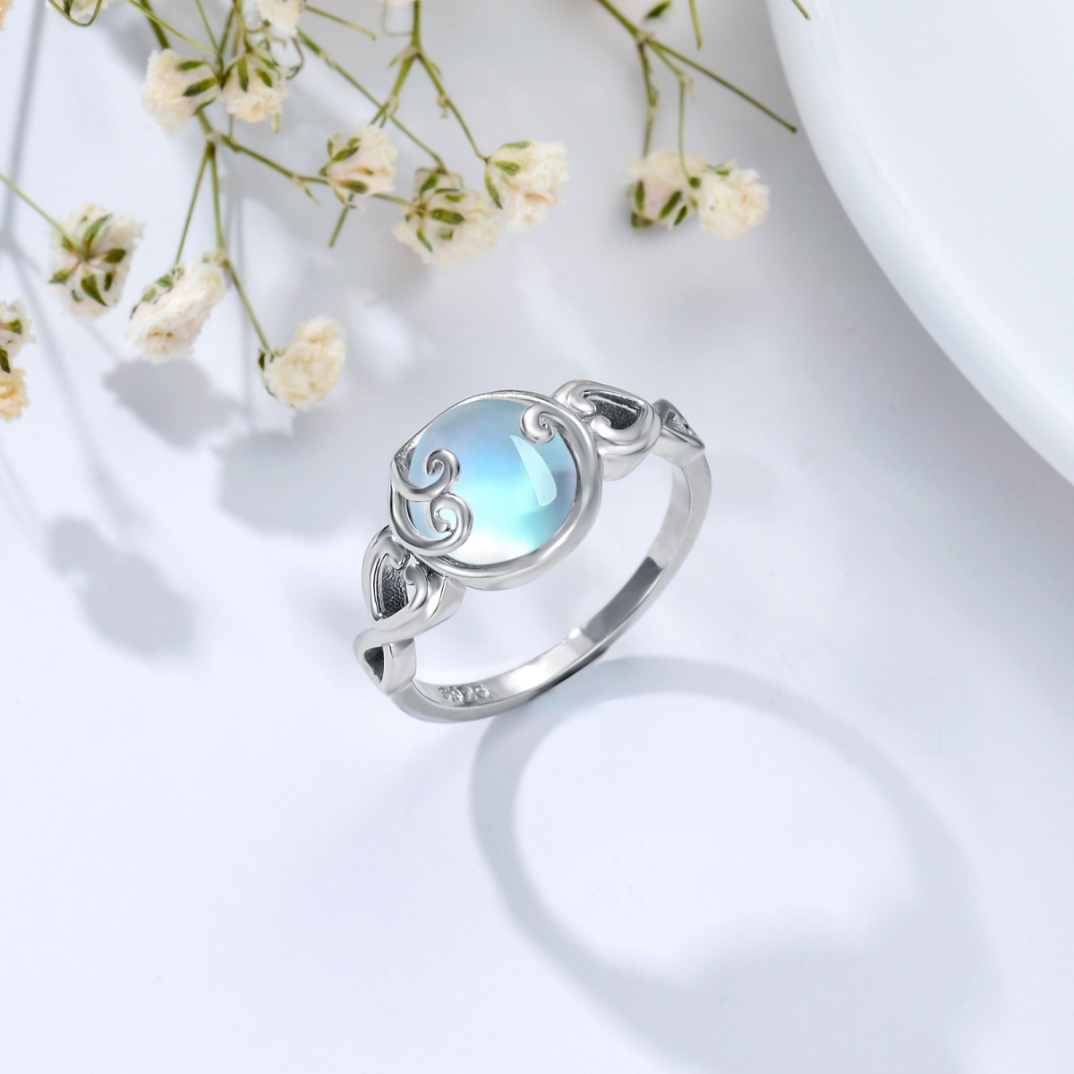 Sterling Silver Round Moonstone Heart Ring-3