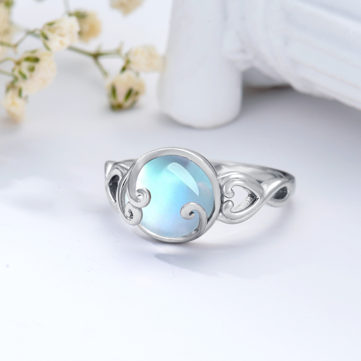 Sterling Silver Round Moonstone Heart Ring-4