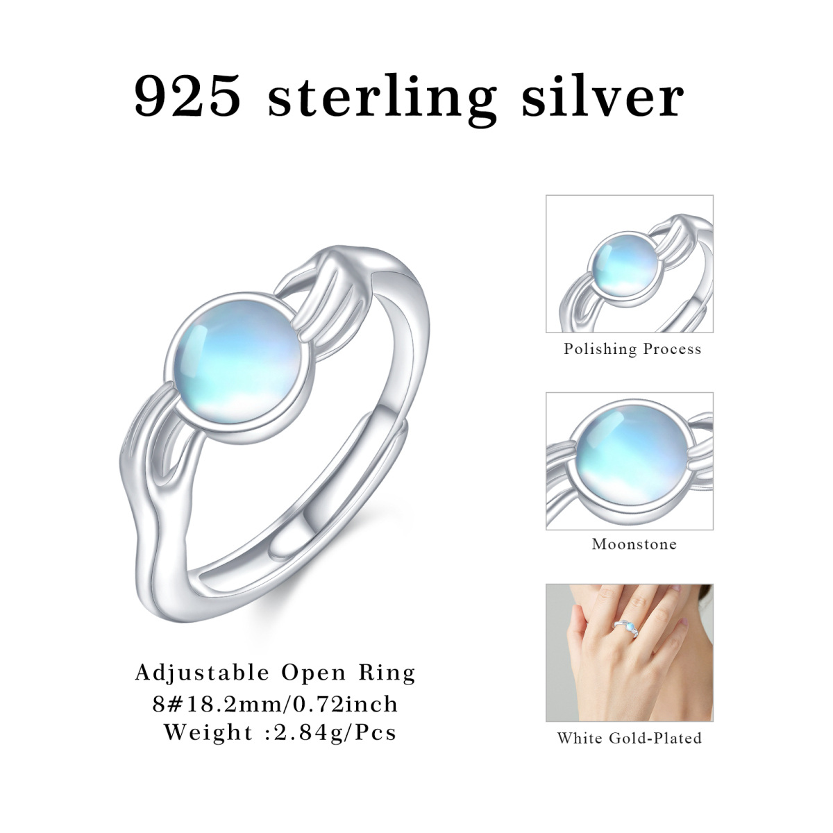 Sterling Silber Runde Mondstein Hug Open Ring-5