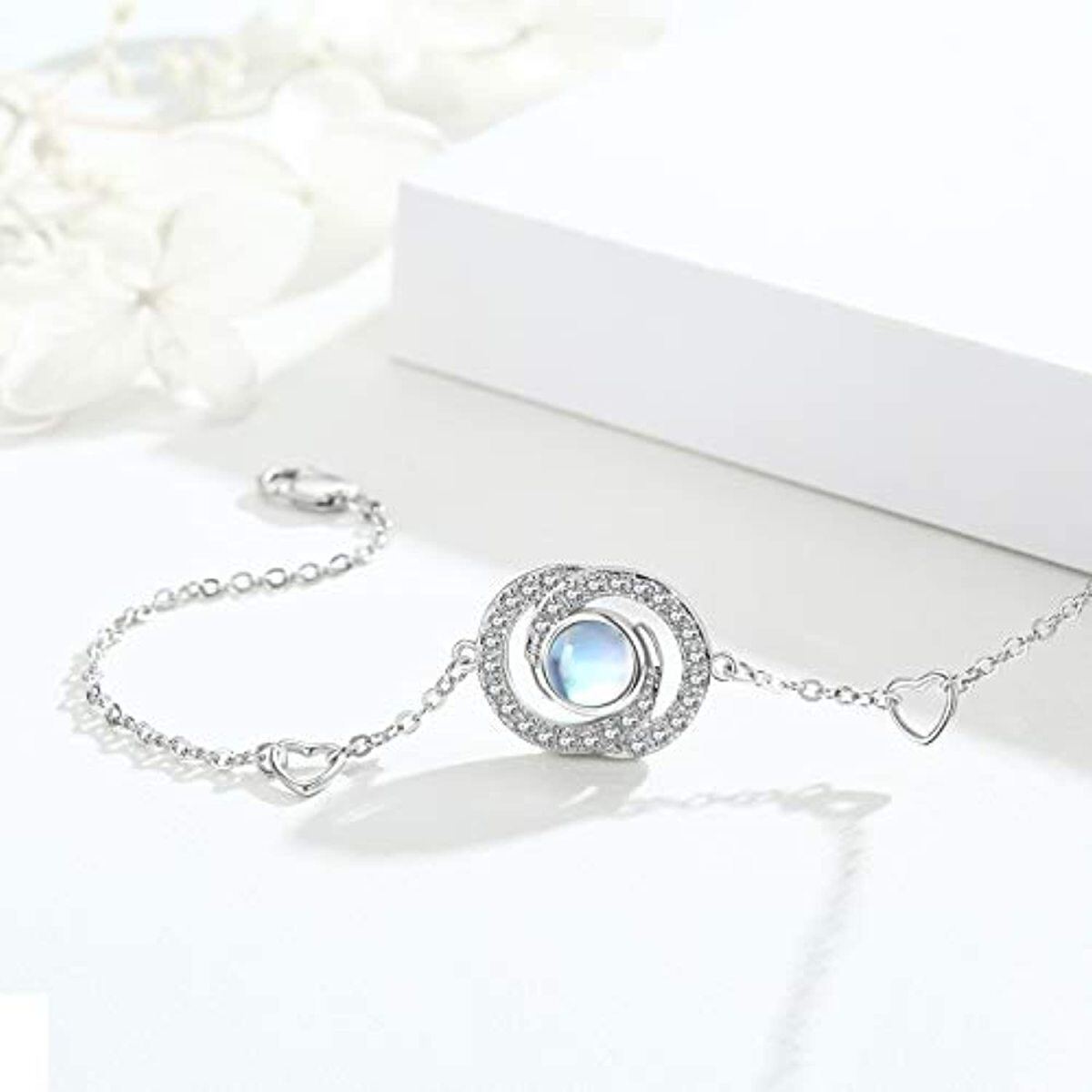 Sterling Silver Round Moonstone Infinity Symbol Pendant Bracelet-4