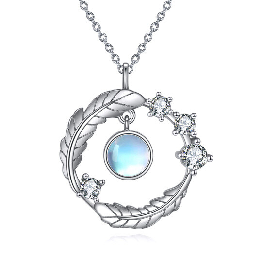 Sterling Silver Round Moonstone Leaves Pendant Necklace