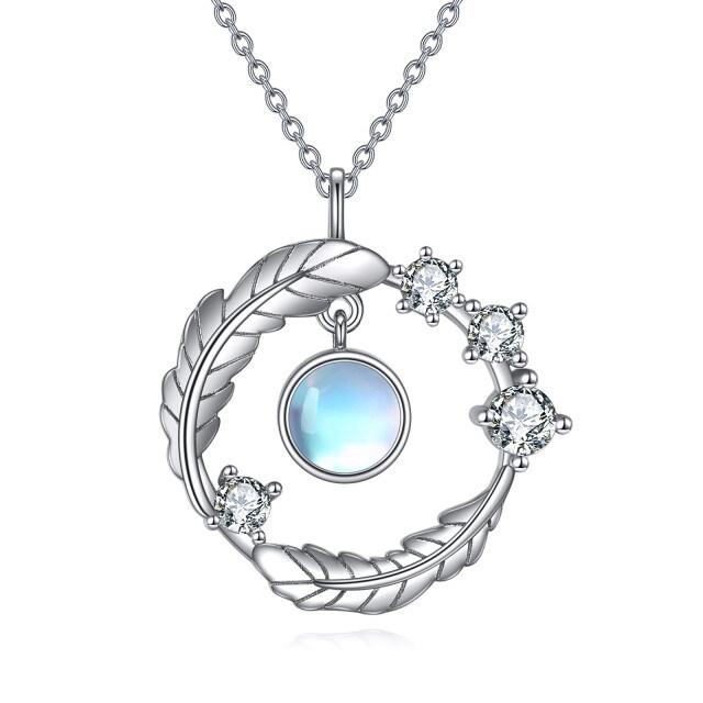 Sterling Silver Round Moonstone Leaves Pendant Necklace-4