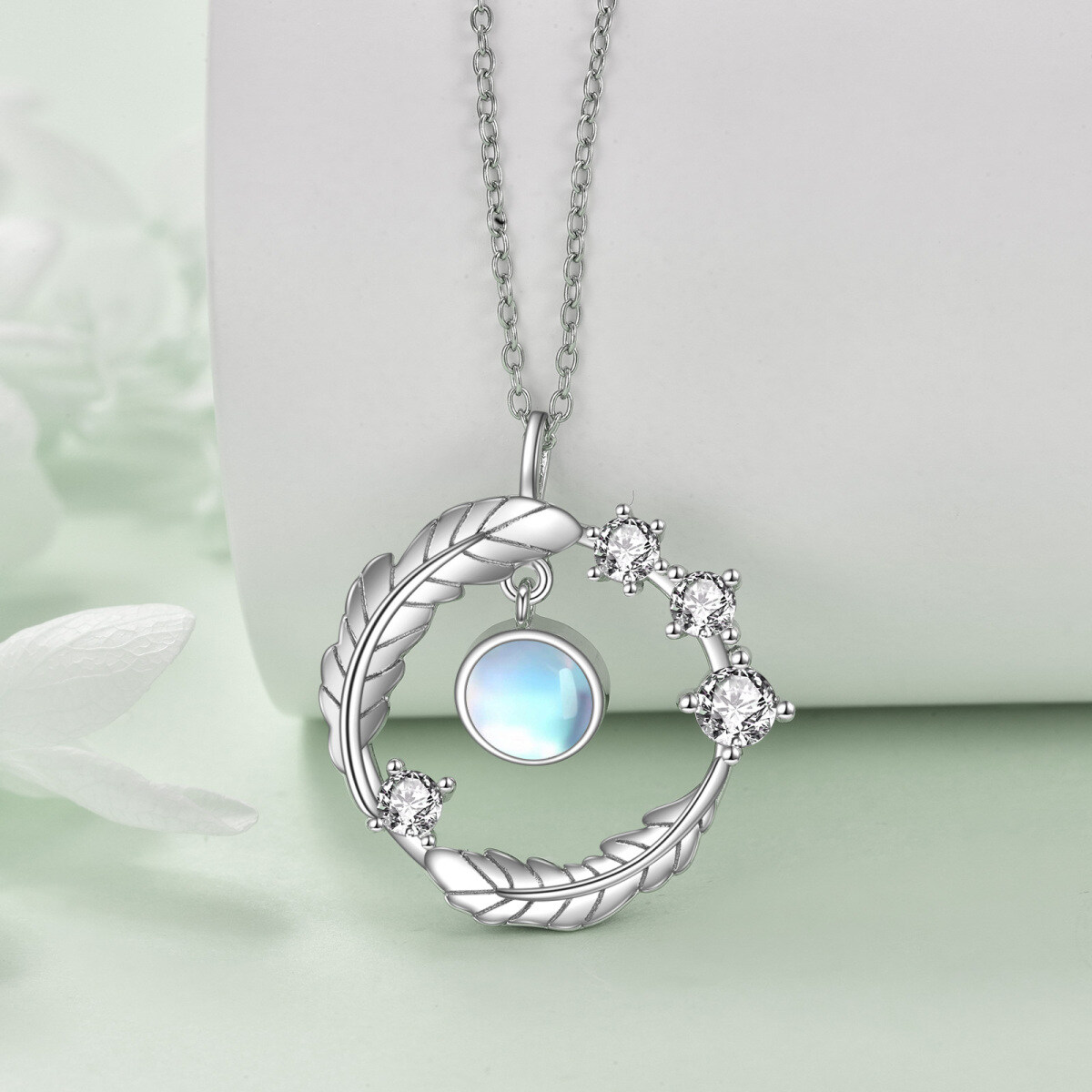 Sterling Silver Round Moonstone Leaves Pendant Necklace-3