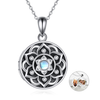 Sterling Silver Round Moonstone Lotus & Personalized Photo Personalized Photo Locket Necklace with Engraved Word-22