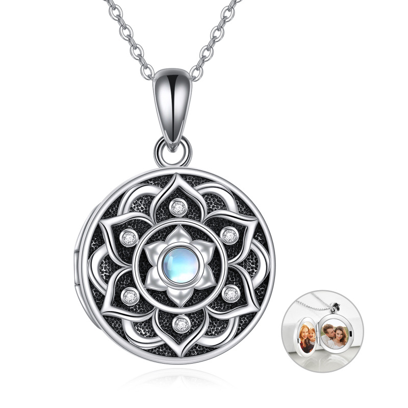 Sterling Silver Round Moonstone Lotus & Personalized Photo Personalized Photo Locket Necklace with Engraved Word-2