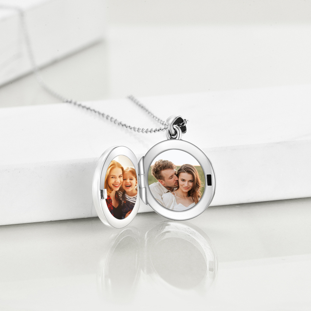 Plata de ley redonda Moonstone Lotus & Personalized Photo Collar Portafotos personalizado-3