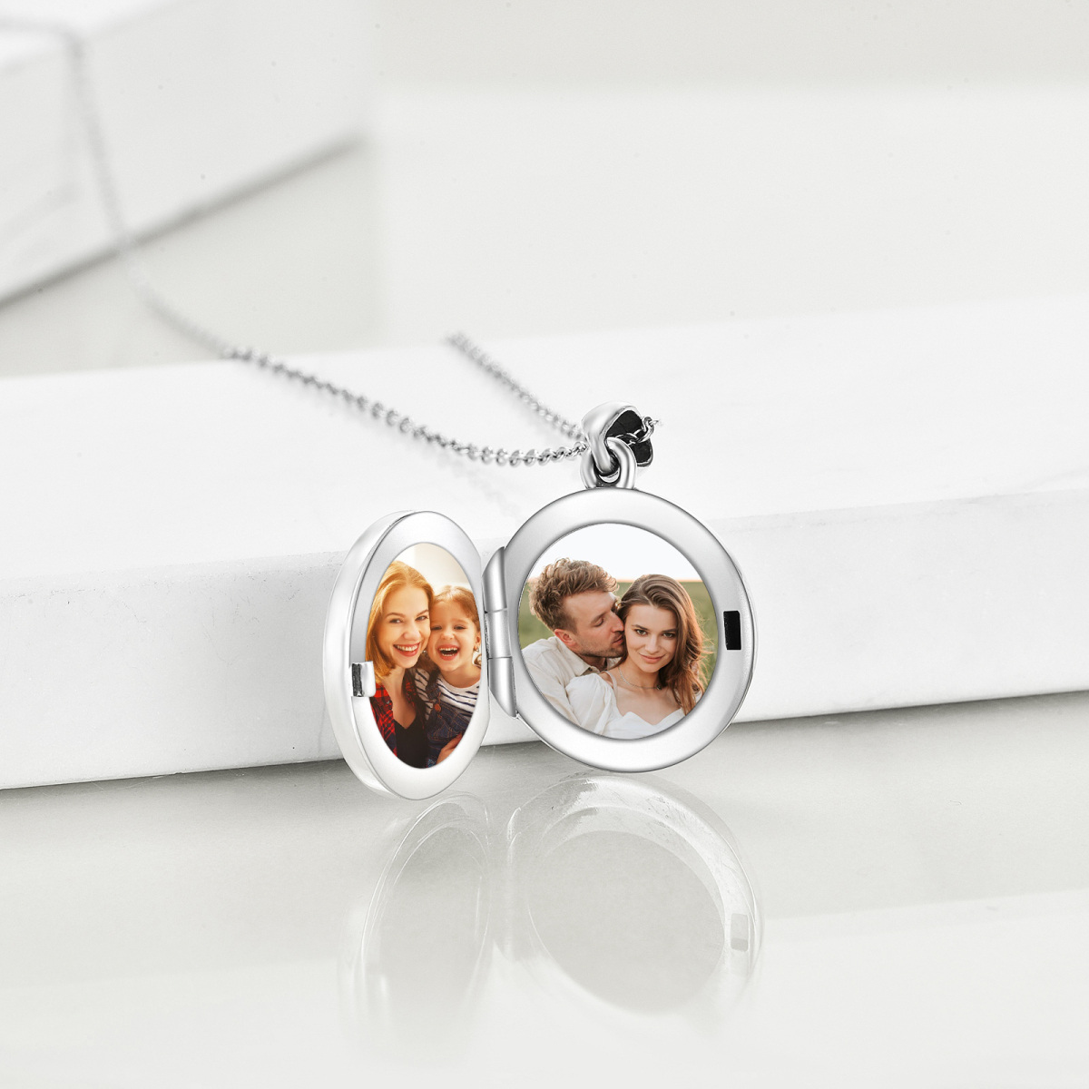 Sterling Silver Round Moonstone Lotus & Personalized Photo Personalized Photo Locket Necklace with Engraved Word-3