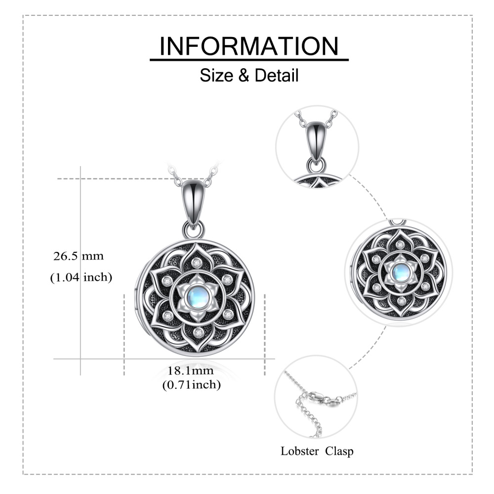 Plata de ley redonda Moonstone Lotus & Personalized Photo Collar Portafotos personalizado-5