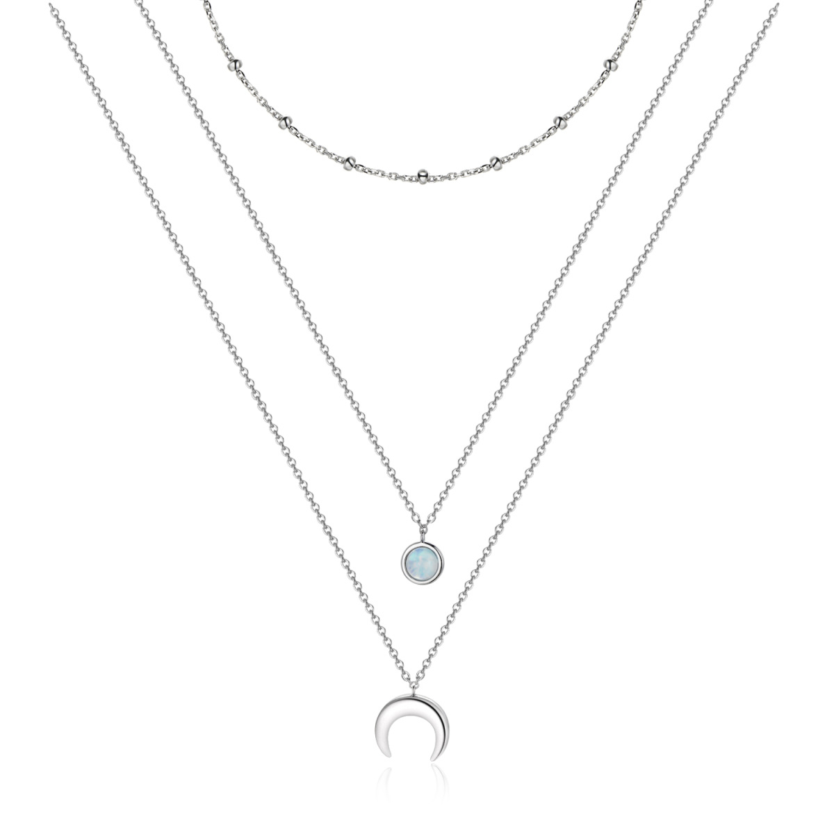 Sterling Silver Round Moonstone Moon Layered Necklace-1