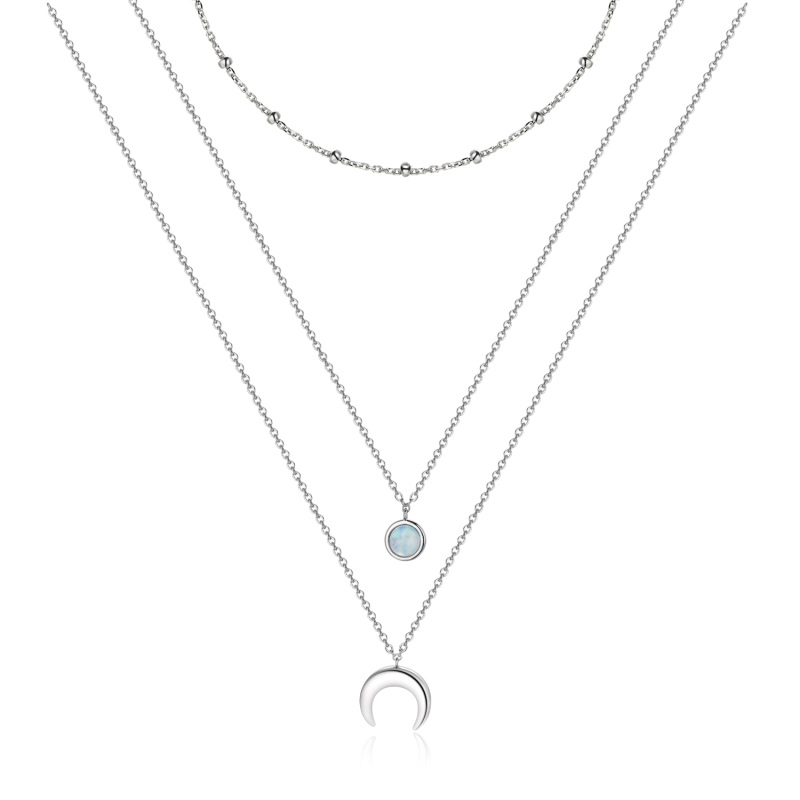 Sterling Silver Round Moonstone Moon Layered Necklace-1