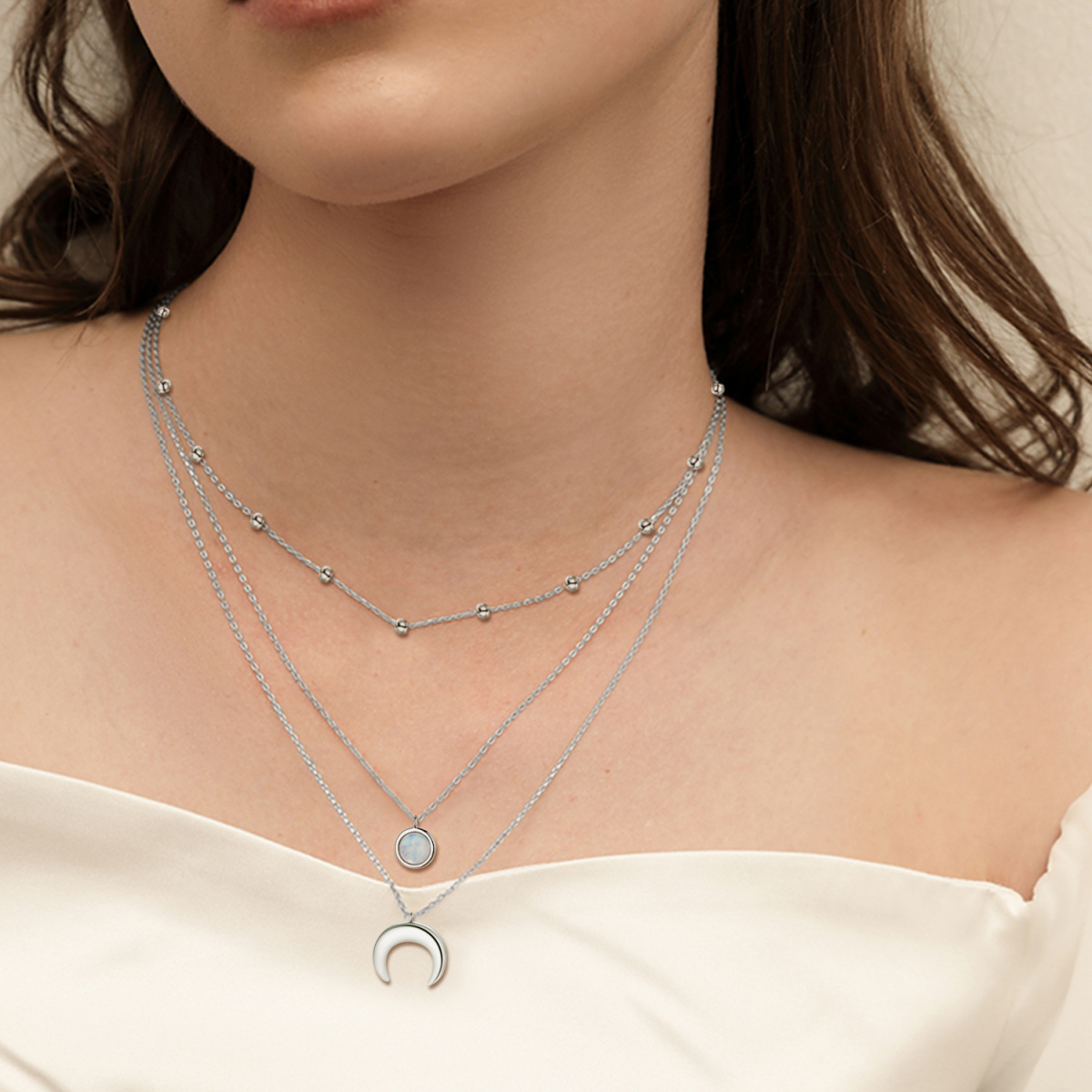 Sterling Silver Round Moonstone Moon Layered Necklace-2