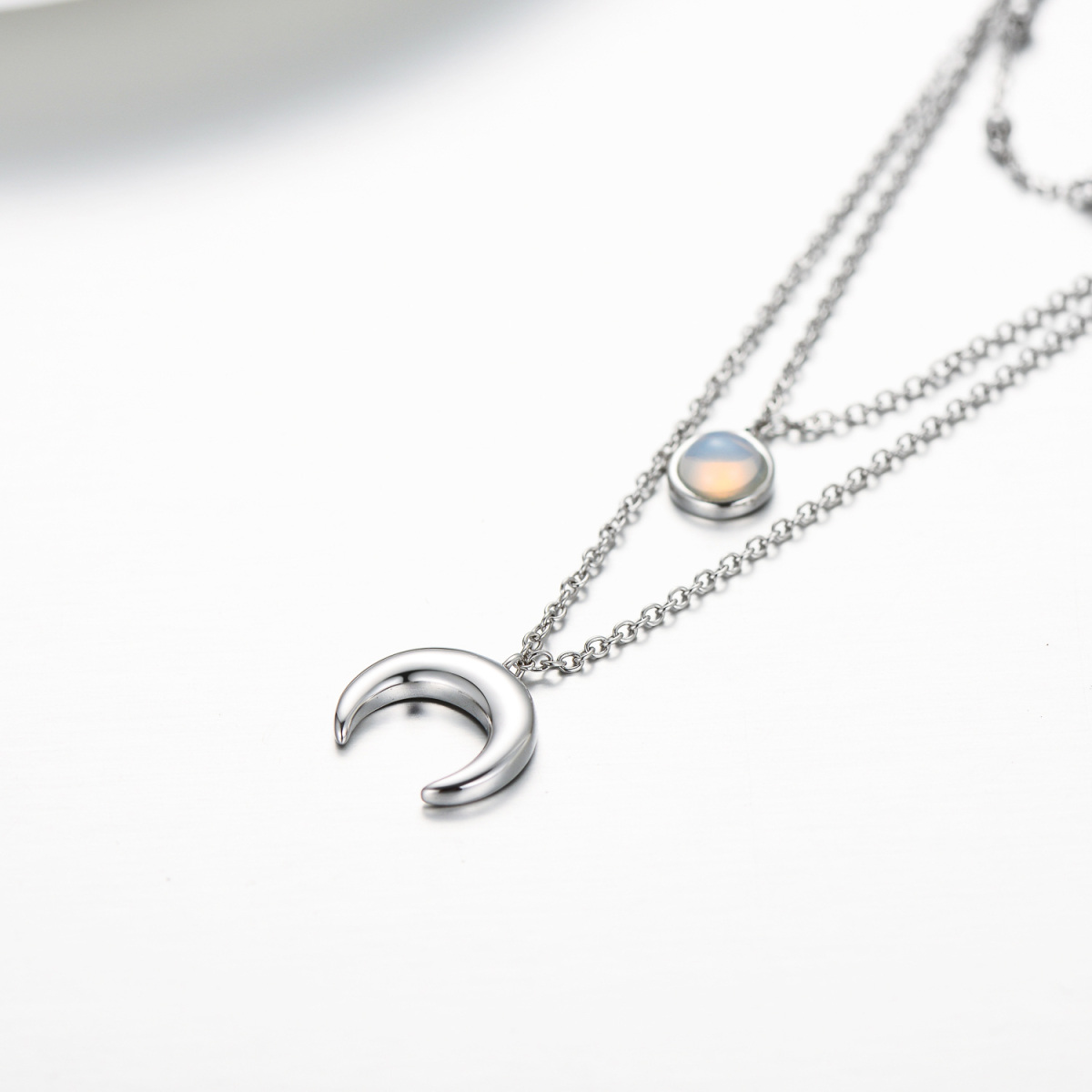 Sterling Silver Round Moonstone Moon Layered Necklace-3