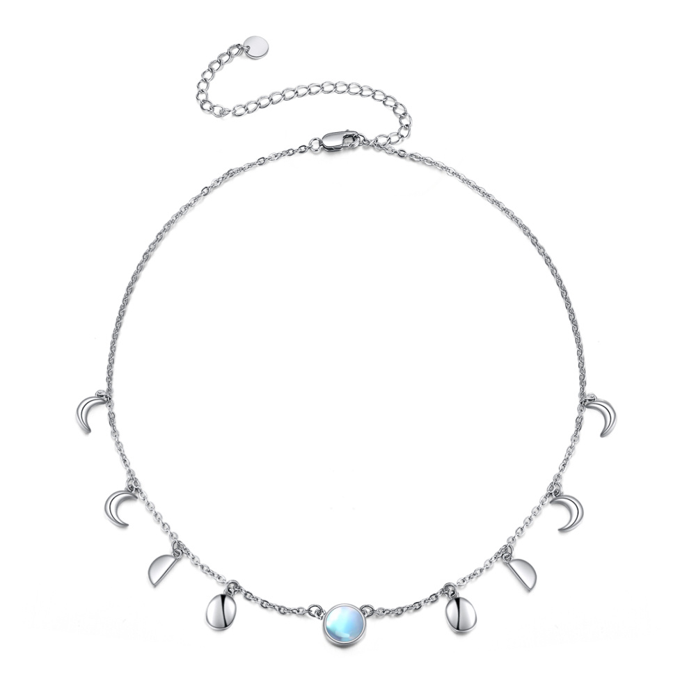 Sterling zilveren ronde maansteen metalen choker ketting-1