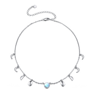 Sterling Silver Round Moonstone Moon Metal Choker Necklace-19