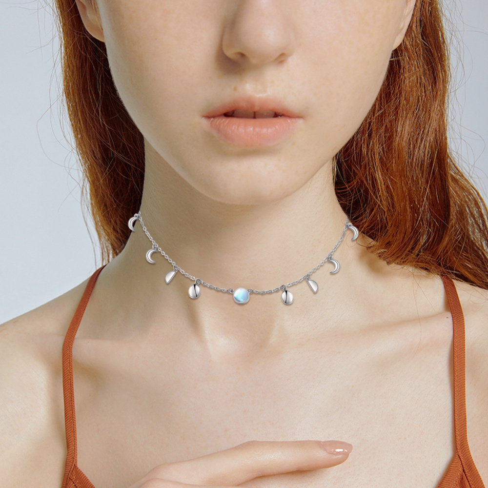 Sterling zilveren ronde maansteen metalen choker ketting-2