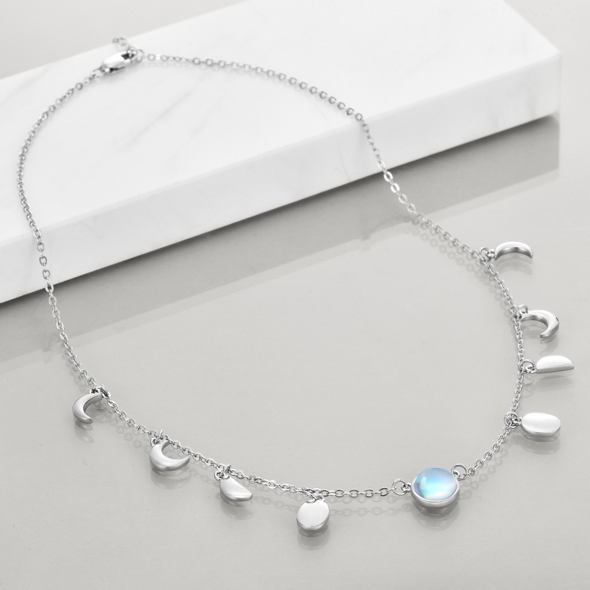 Sterling Silver Round Moonstone Moon Metal Choker Necklace-3