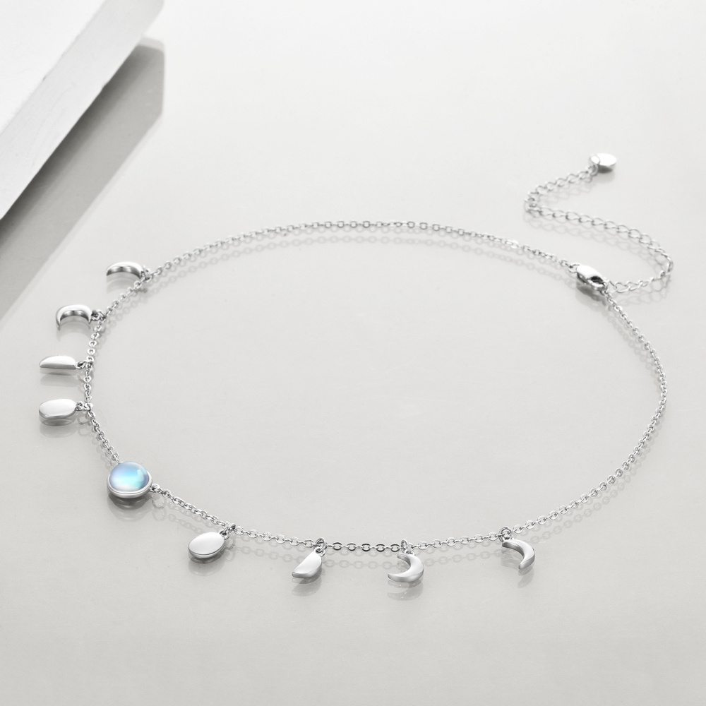 Sterling zilveren ronde maansteen metalen choker ketting-4