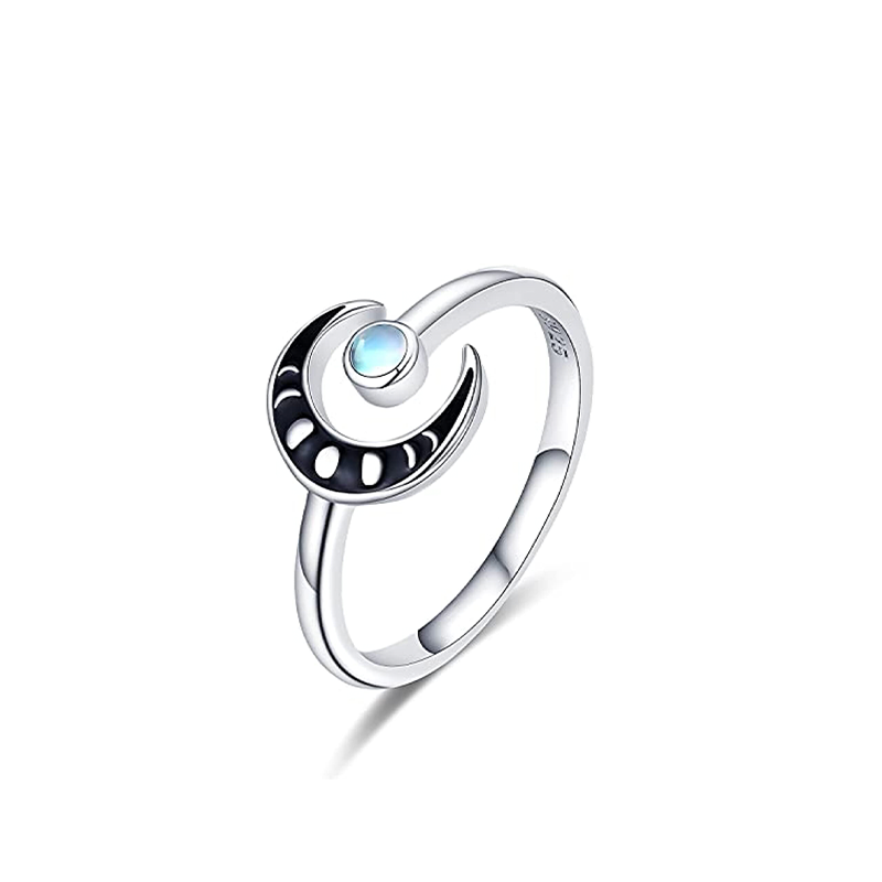 Sterling Silver Round Moonstone Moon Open Ring-1