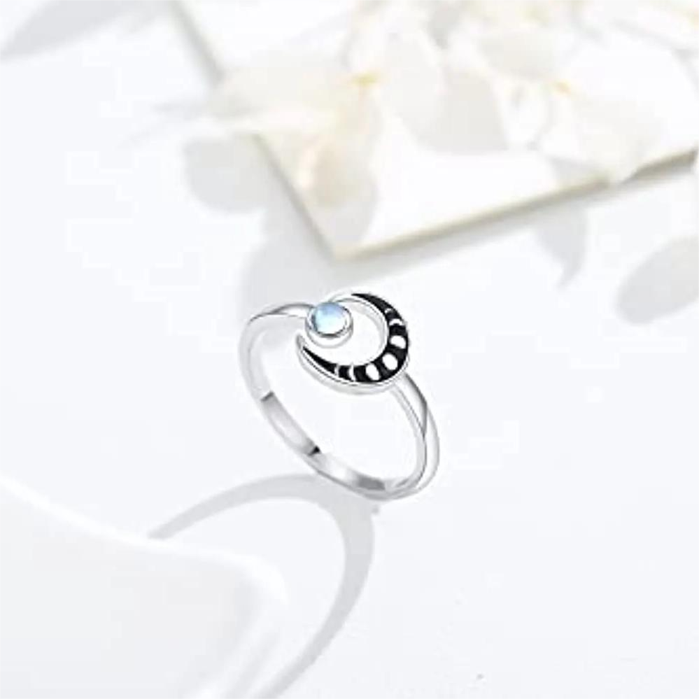 Anello aperto in argento sterling con pietra lunare rotonda-3