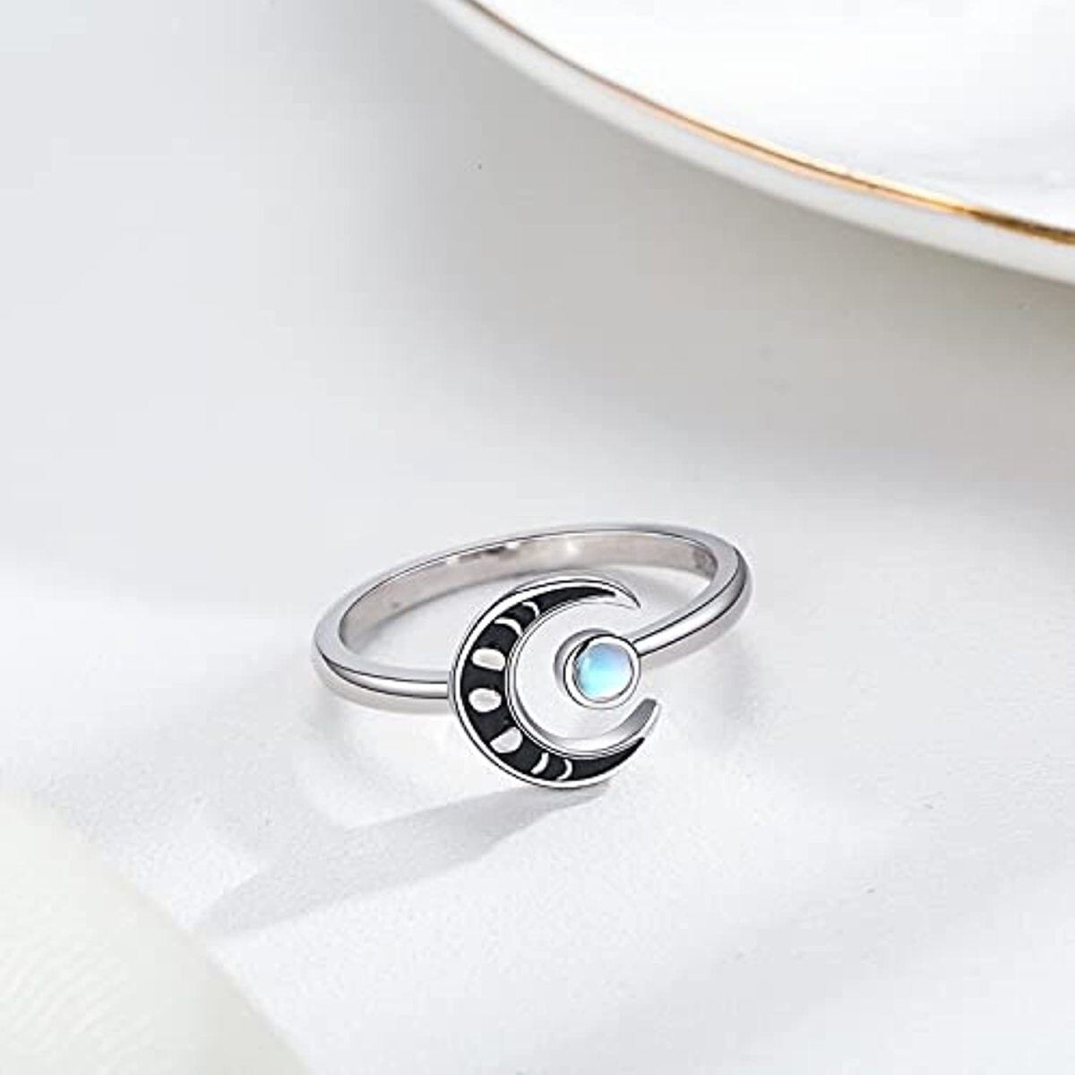 Anello aperto in argento sterling con pietra lunare rotonda-4