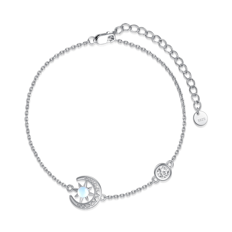 Sterling Silver Round Moonstone Moon Charm Bracelet-19