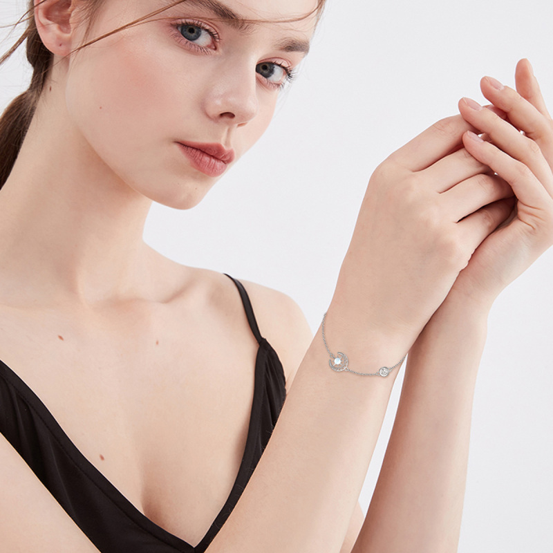 Sterling Silver Round Moonstone Moon Charm Bracelet-2