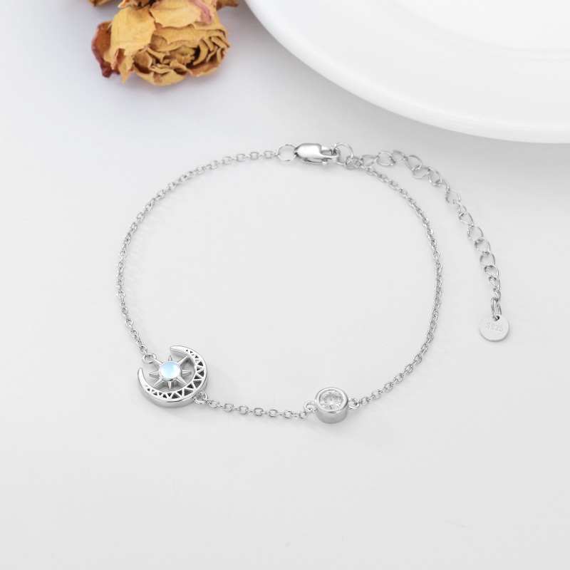 Sterling Silver Round Moonstone Moon Charm Bracelet-3