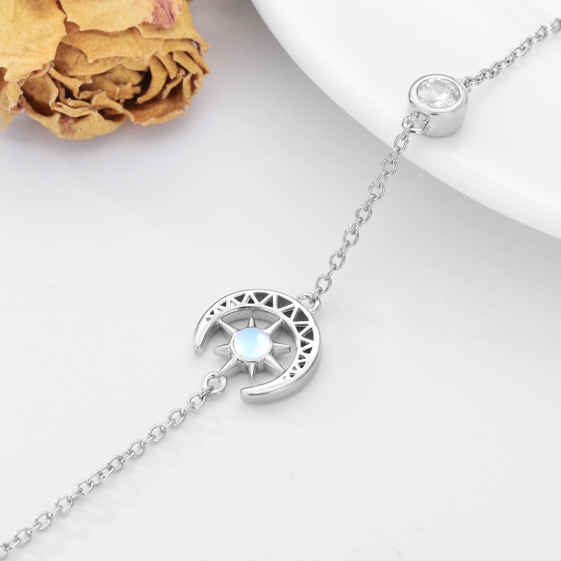 Sterling Silver Round Moonstone Moon Charm Bracelet-4