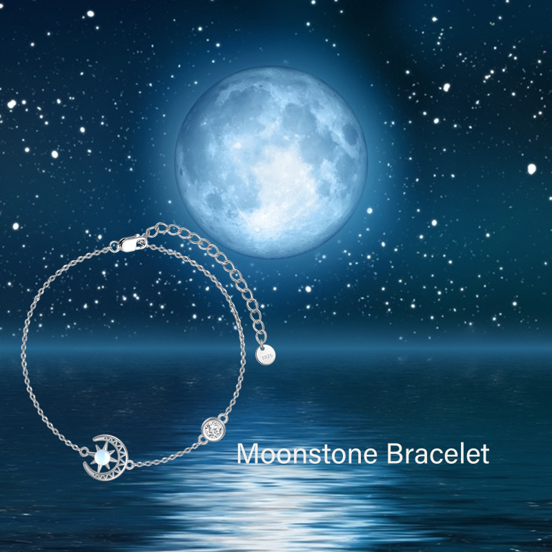 Sterling Silver Round Moonstone Moon Charm Bracelet-5
