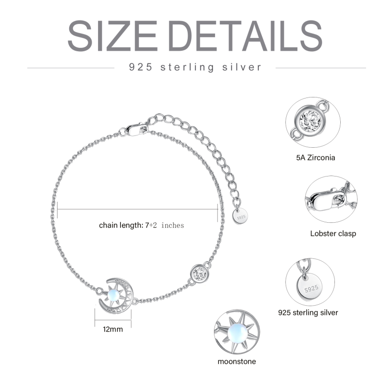 Sterling Silver Round Moonstone Moon Charm Bracelet-6