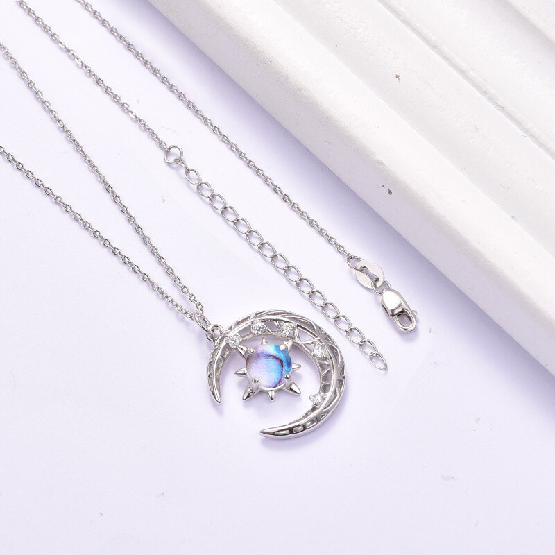 Sterling Silver Round Moonstone Moon Pendant Necklace-3