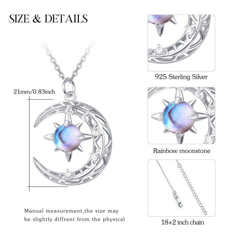 Sterling Silver Round Moonstone Moon Pendant Necklace-4